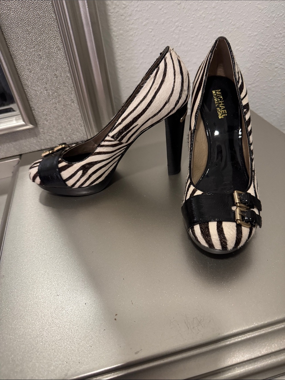 Michael Kors Zebra-Print Pumps with Black Strap & Gold Buckles - Picture 2 of 6
